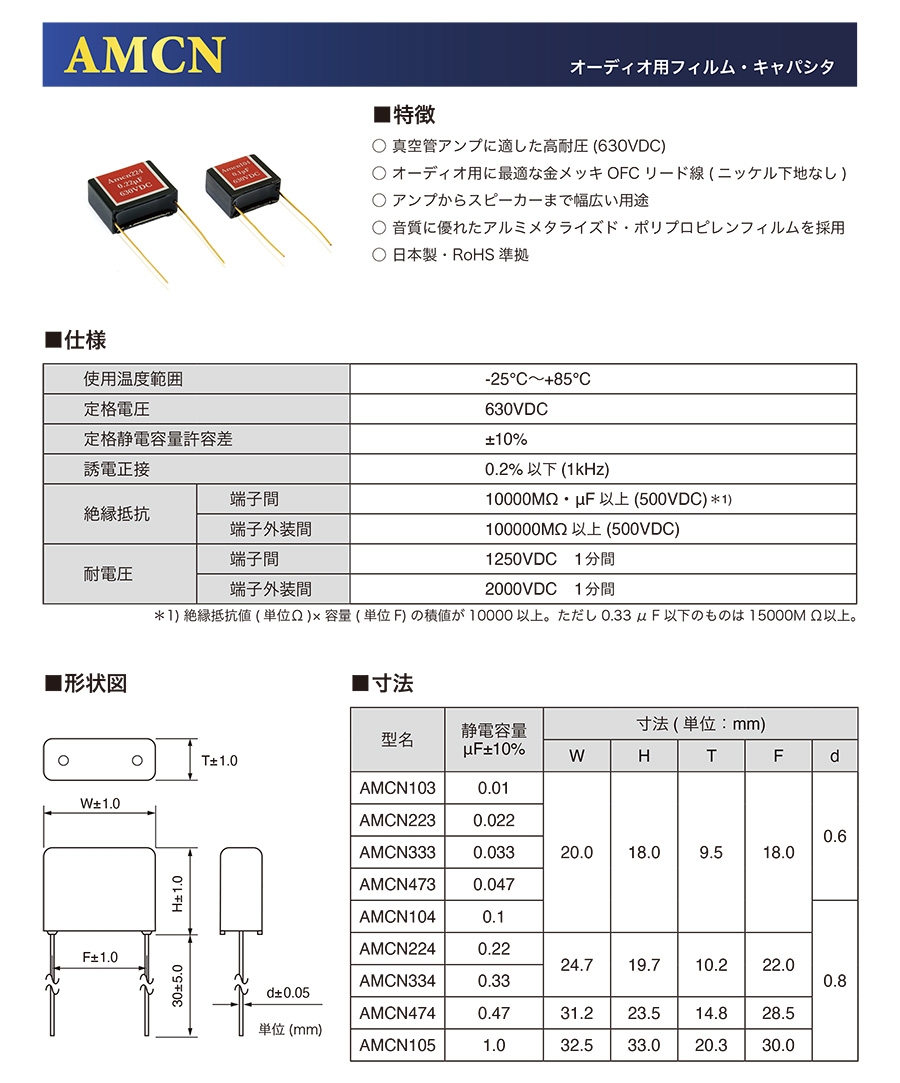 AMCN103 ポリプロピレンフィルムキャパシタ 0.01μF／630V